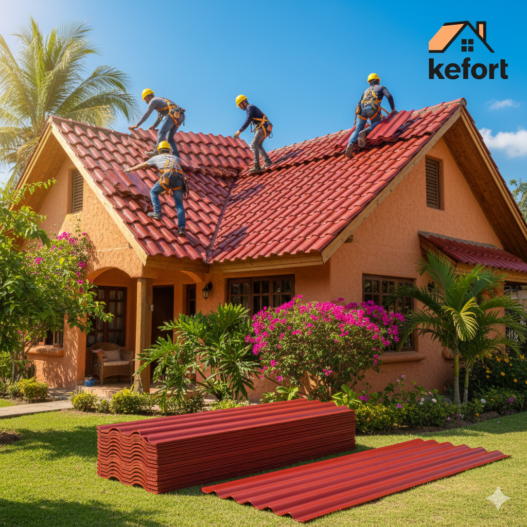 Roofers in yellow helmets laying red clay roof tiles on an orange house, with tropical plants and a kefort logo in the upper right corner.