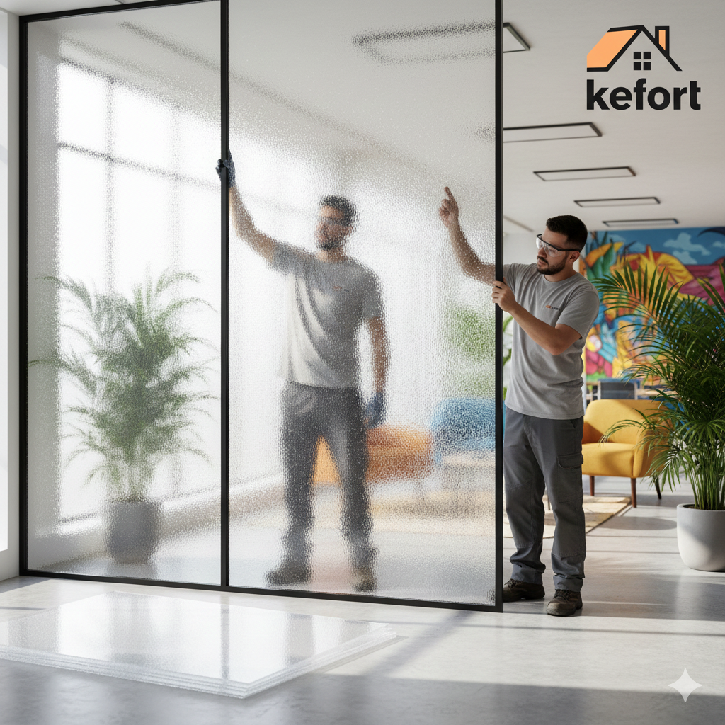 Gemini_Generated_Image_7zgtfh7zgtfh7zgt - Two workers install a frosted glass partition in a modern office with plants and a colorful mural nearby.