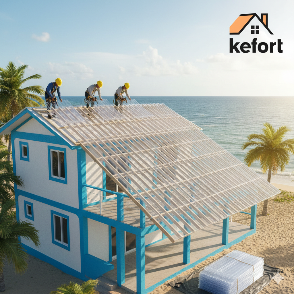 Gemini_Generated_Image_bqrlgdbqrlgdbqrl - Three construction workers in yellow helmets install a roof on a blue-and-white beach house by the sea, with palm trees nearby.