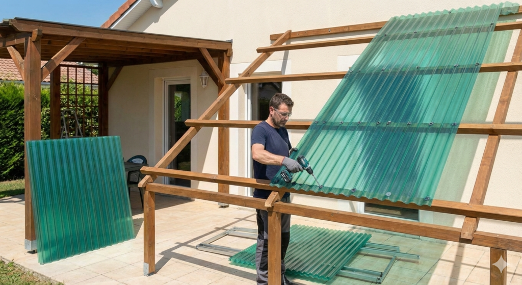 Man using a drill to cut a green corrugated plastic panel mounted on a wooden frame outdoors, with more panels nearby on the ground.