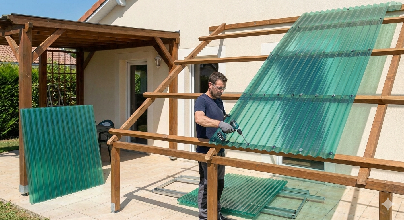 Gemini_Generated_Image_cvdjlbcvdjlbcvdj - Man using a drill to cut a green corrugated plastic panel mounted on a wooden frame outdoors, with more panels nearby on the ground.