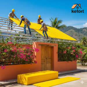 Workers in hard hats install bright yellow corrugated roof panels on a pink-walled house under a clear blue sky; logo reads 'kefort' in the corner.
