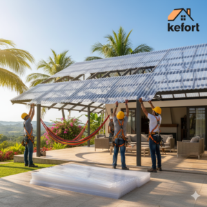 Gemini_Generated_Image_h1pzt7h1pzt7h1pz - Three construction workers in hard hats lift corrugated roof panels onto a sunny outdoor patio, with a hammock and palm trees in the background.