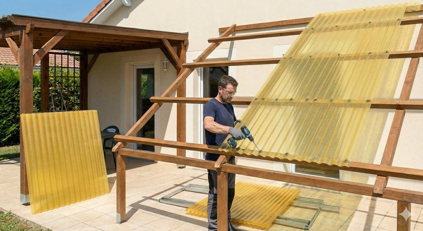 Gemini_Generated_Image_puqn0gpuqn0gpuqn - Man installs yellow corrugated panels onto a wooden frame on a patio, using a drill outdoors.