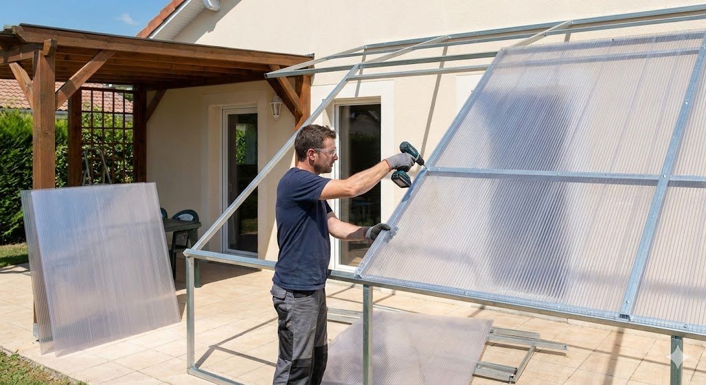 unnamed - Man wearing gloves drills a frame to assemble a clear-panel greenhouse beside a house in a sunny backyard.