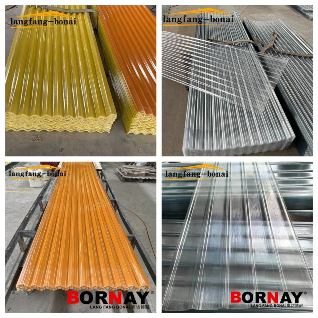 微信图片_20260416215235_739_4361 - Stacks of yellow corrugated metal roofing sheets secured with a strap in a warehouse setting, with orange sheets beside them