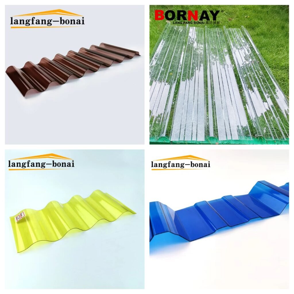 Brown, wavy corrugated roofing sheet shown on a light background (Langfang-bonai branding)