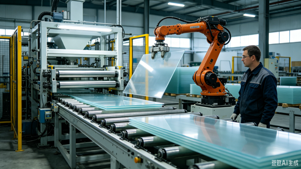 Industrial setting with an orange robotic arm moving a transparent sheet onto a conveyor while a worker watches nearby.