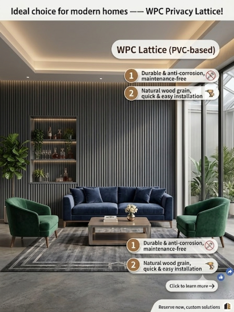 Gemini_Generated_Image_d5ssdld5ssdld5ss - Modern living room with blue sofa and green chairs; ad for WPC Lattice PVC-based: durable and maintenance-free, natural wood grain, quick installation.