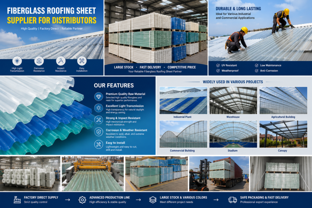 0df4c295-7c48-4045-9cfa-0345535e22c7 - Promotional collage for fiberglass roofing sheets showing stock, features, and applications for distributors and builders.