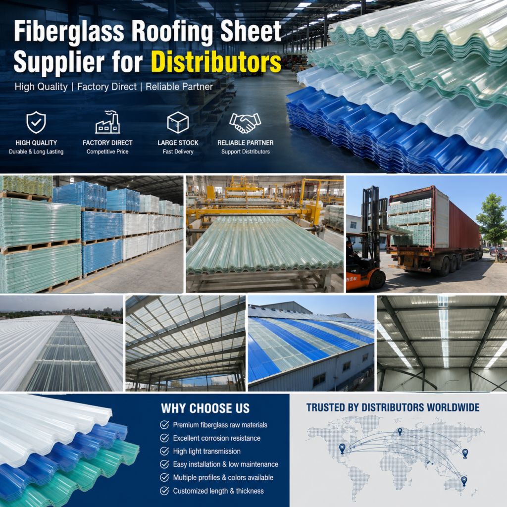 17fe19d3-cc3e-4509-8e48-c1d01e4ccc6e - Fiberglass roofing sheet supplier for distributors with stacked sheets in a factory setting and warehouse photos in collage artboard visually.