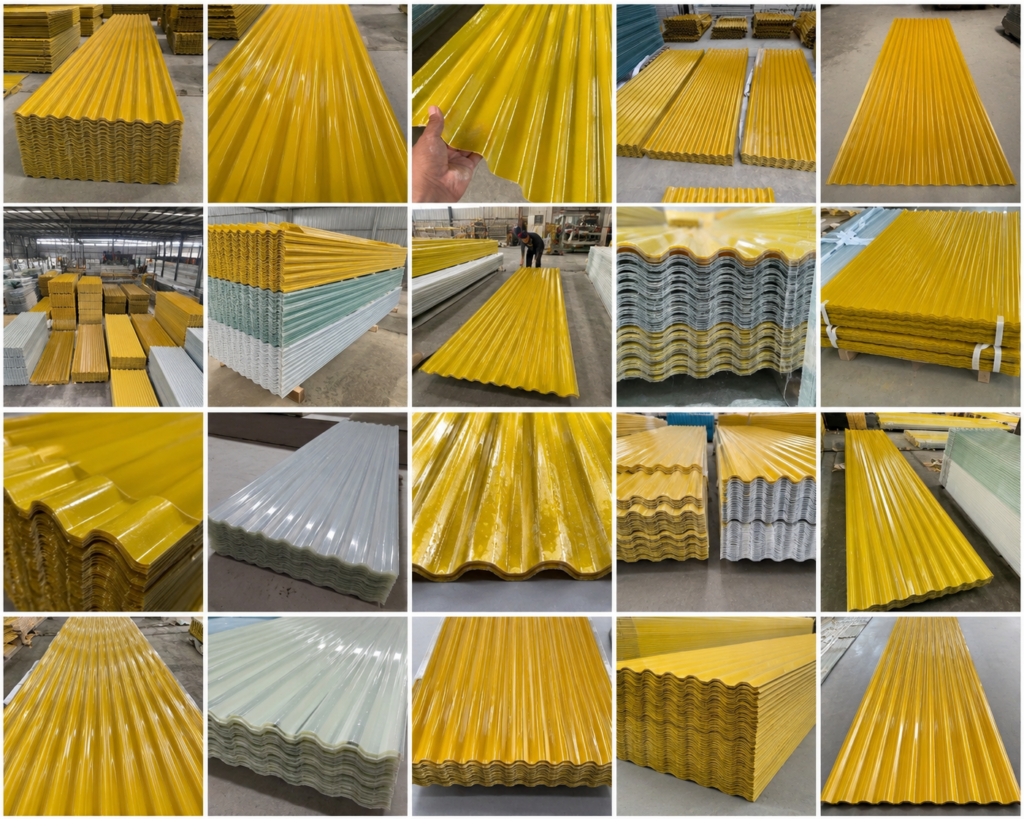 8bbe3018-6aa2-4763-bd15-6c4155f2de12 - Yellow corrugated roofing sheets stacked in a warehouse