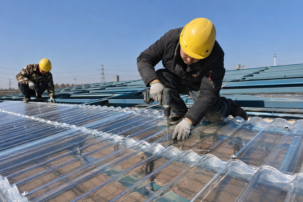 9de160af-f112-49ae-8b15-20f2b17c72a9 - Two construction workers with yellow hard hats install or secure a corrugated metal roof on a sunny day, using drills and bolts.